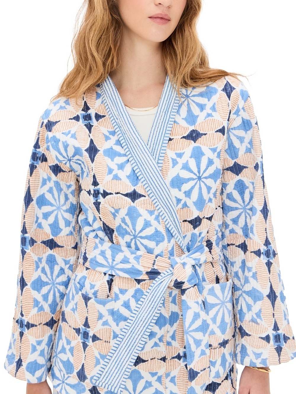 Marea Women’s Reversible Quilted blue stripe geometric jacket NWT